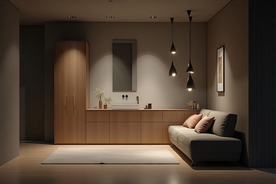 Beépített, modern könyvespolc nappaliba, sötét fával és rejtett világítással