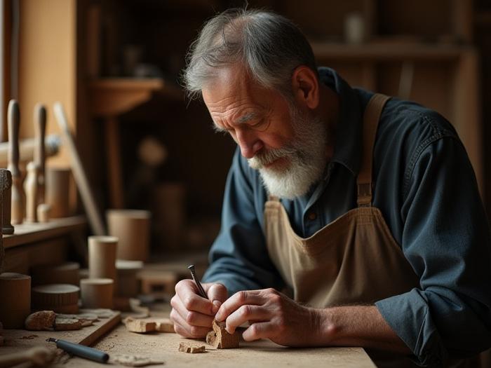 Az alapító, Kiss Zoltán mester asztalos a műhelyében dolgozik, elmélyülten egy fa faragásán.