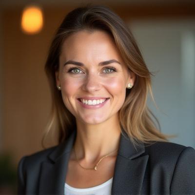 Kovács Anna profilképe, egy fiatal, vidám nő modern irodai környezetben, elegáns ruhában.