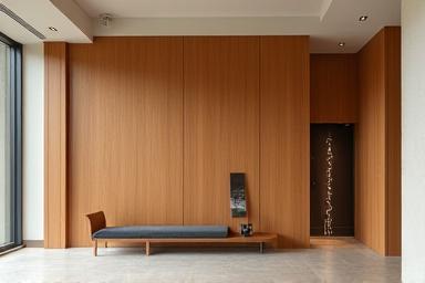 Elegáns fa burkolatú fal belső térben