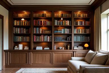 Beépített egyedi könyvszekrény nappaliban